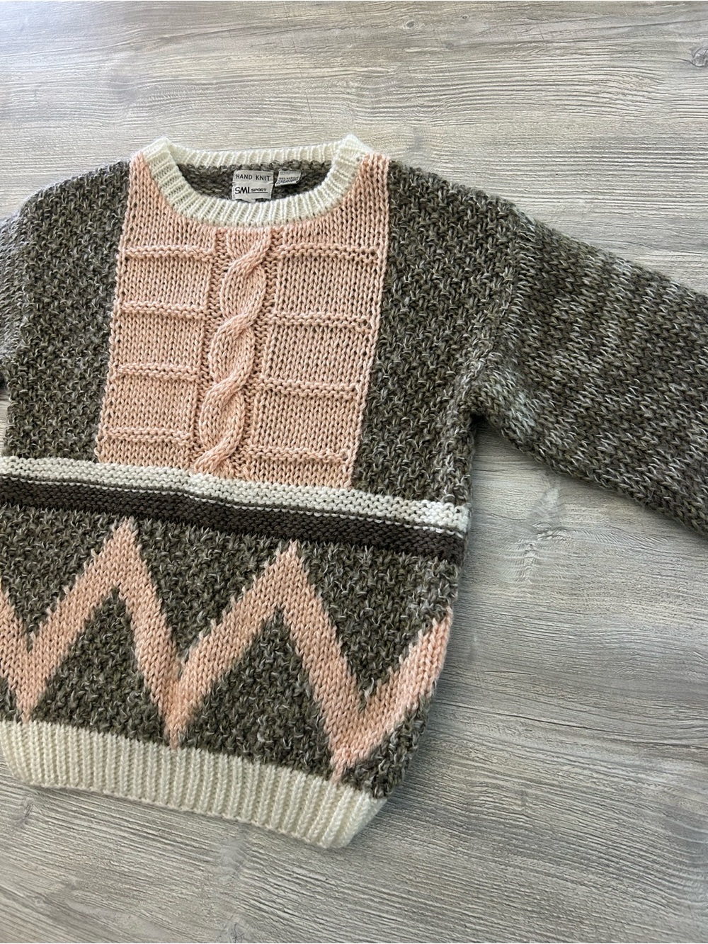 Vintage SML Sport Hand-Knit Pastel Chevron Cable Panels Crewneck Sweater Large